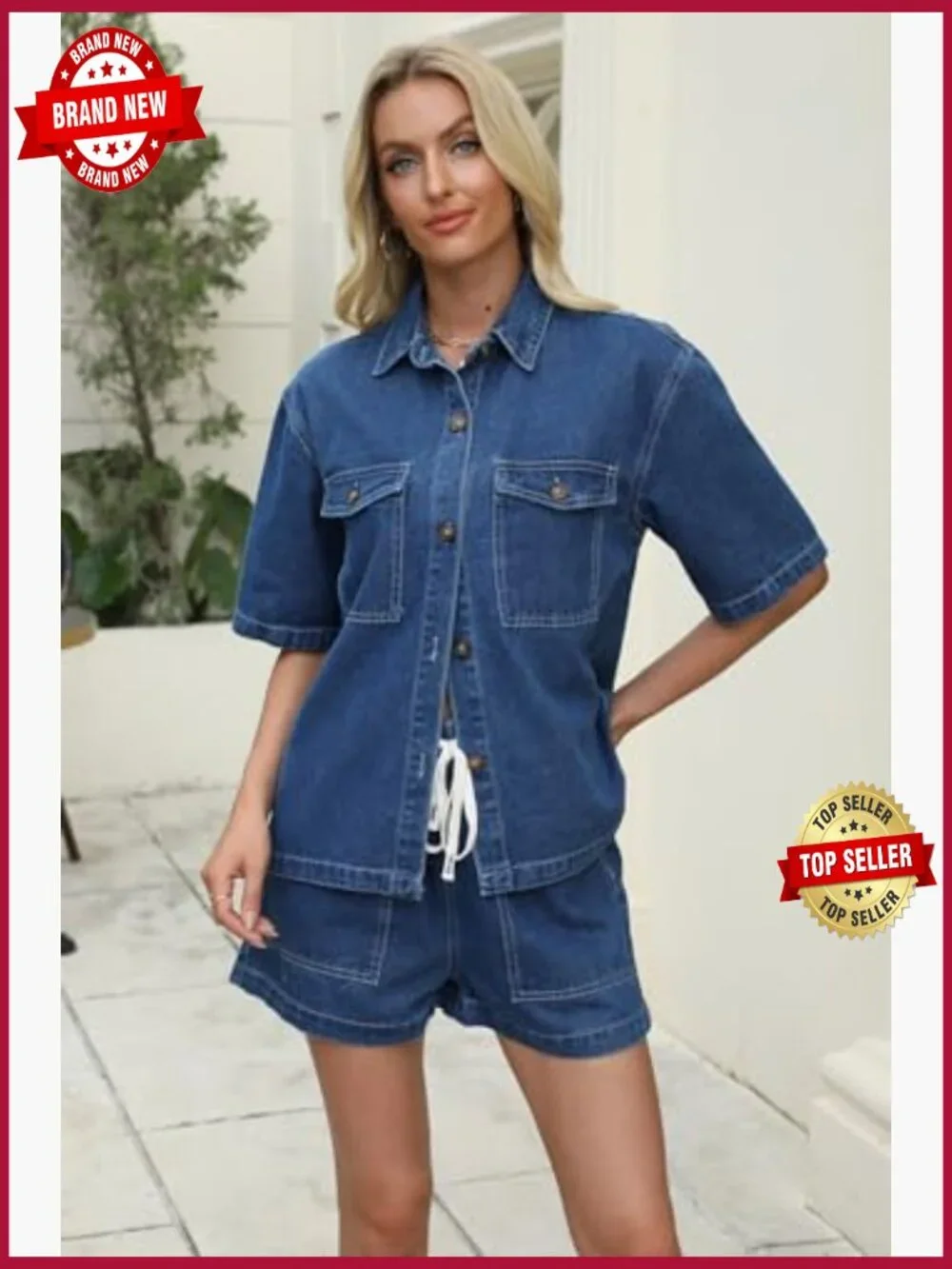 Women's 2 Piece Denim Button Down Shirt & Short Set Summer Matching Outfit